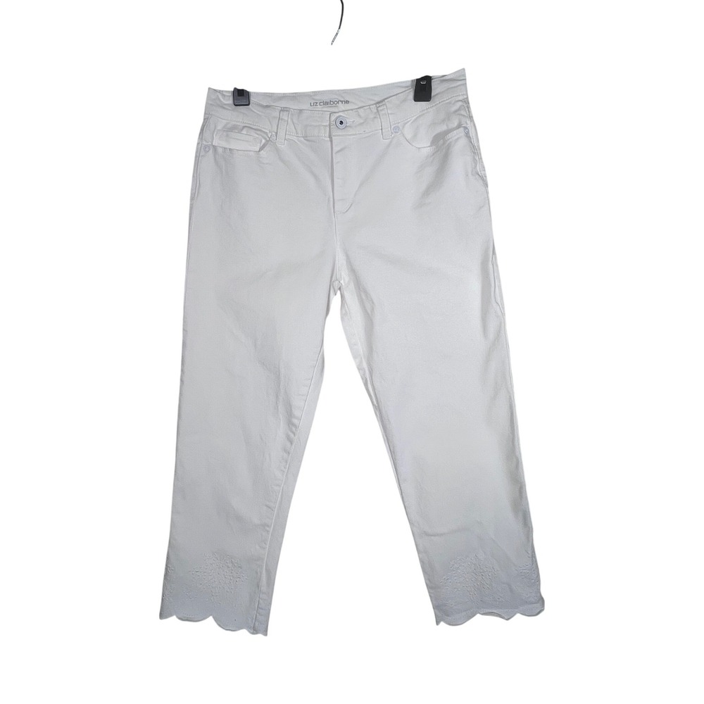 Liz Claiborne White Boyfriend Skinny‎ Jeans Embroidered Scallop Hem Crop Size 10